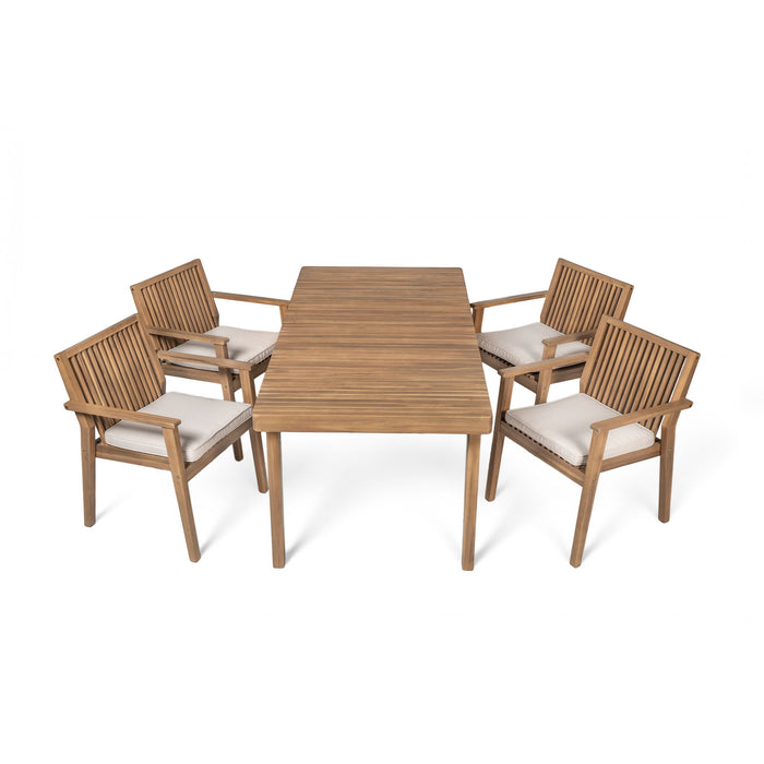 5 Piece Patio Furniture Set Acacia Wood Table And 4 Heavy Duty Cushioned Chairs