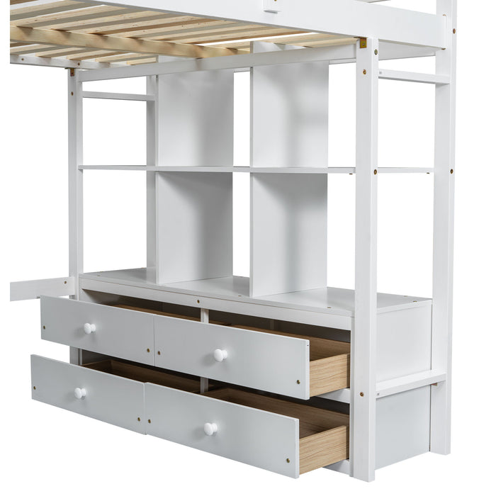 Full Size Loft Bed With Built In Desk, 2 Drawers, Storage Shelves - White