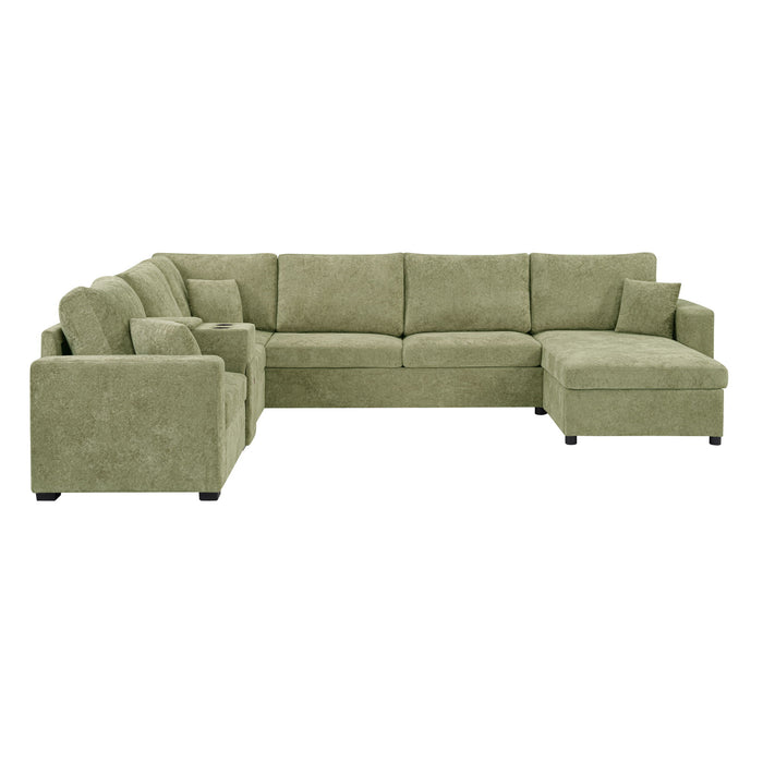 Modular 5 Seat U-Shape Sectional Sofa With Chaise Lounge, Built In Cup Holders And Storage Drawer