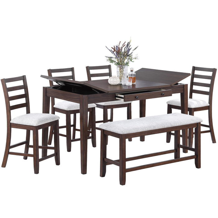 6 Piece Counter Height Dining Set Table With Storage Ladder Back Chairs And Bench - Walnut