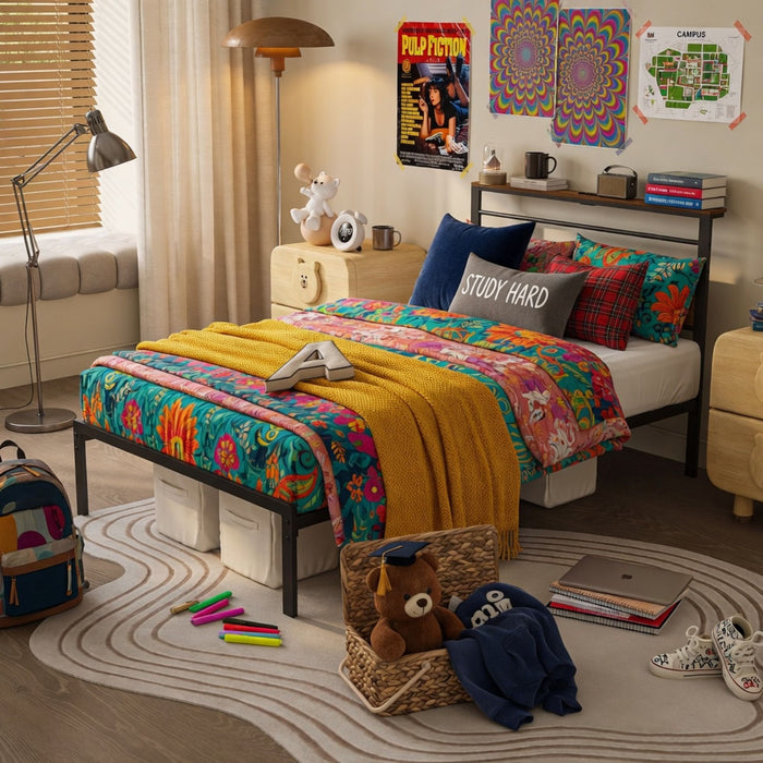 Platform Bed Frame With Charging Station & Headboard Shelves