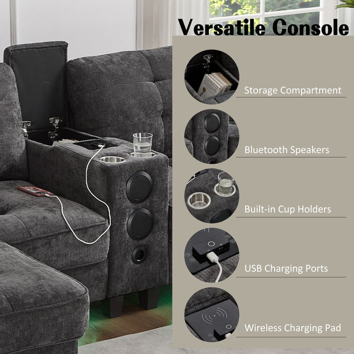 Modern Sectional Sofa U-Shaped With Movable Ottomans, Bluetooth Speakers, LED Lights And Modular Storage