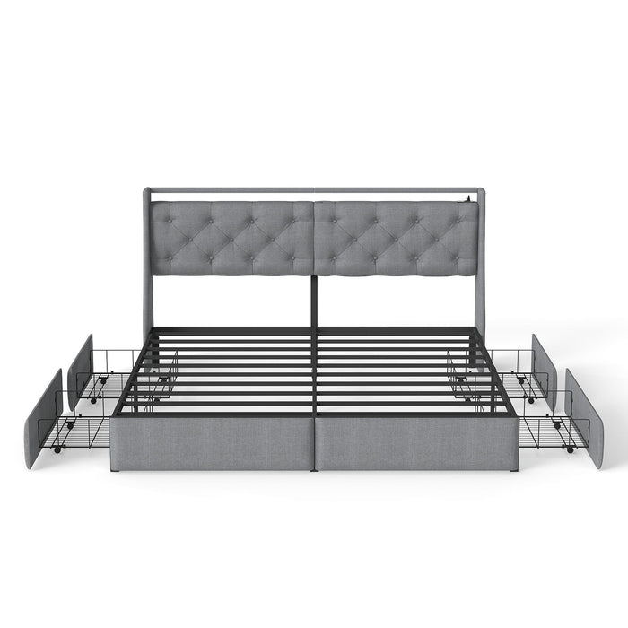 Platform Bed Frame With RGB LED Lights, Charging Station, Storage Headboard & 4 Underbed Drawers