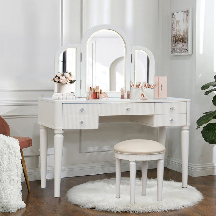Mirrored Makeup Vanity Table Set With Adjustable Lighting And Storage