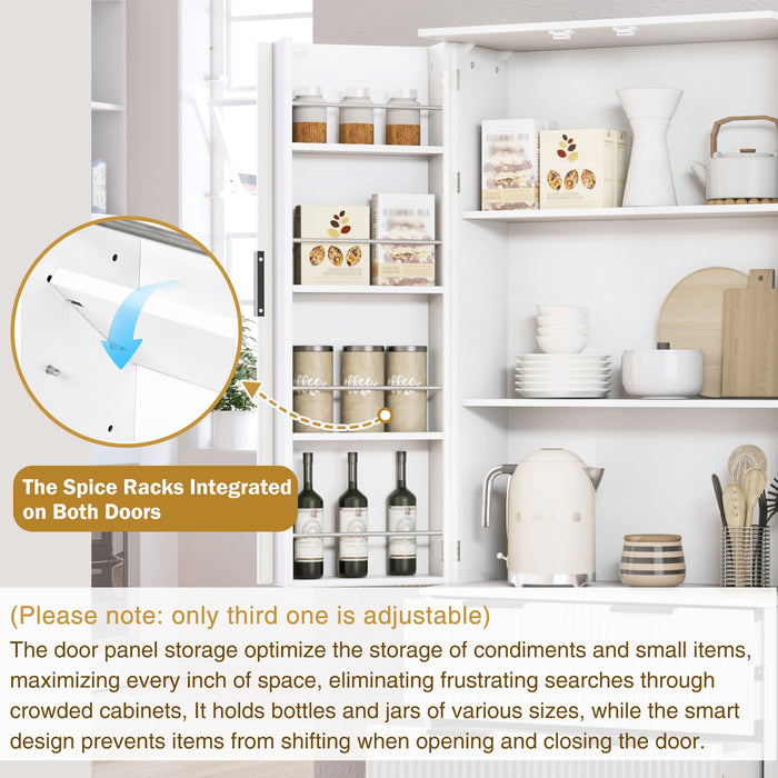 Fluted Kitchen Pantry Cabinet With 2 Large Drawers & 8 Door Spice Rack