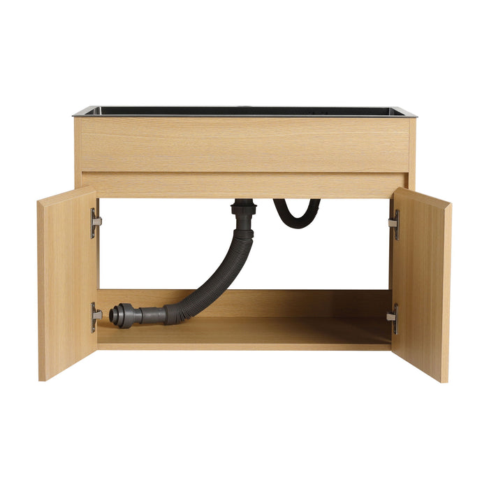 28" Wall Mounted Bathroom Vanity With Stainless Steel Sink, Soft Close Doors - Oak