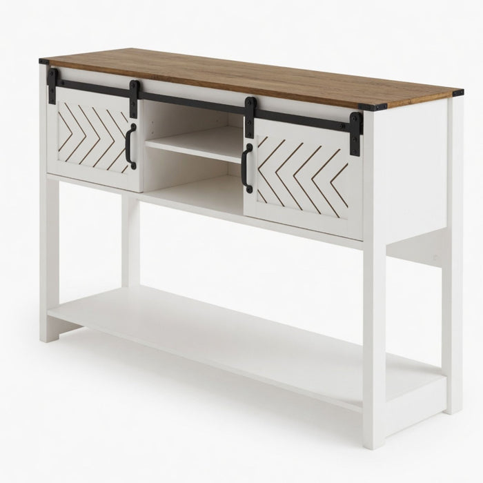 Entryway Table With Sliding Barn Door Storage - White / Oak