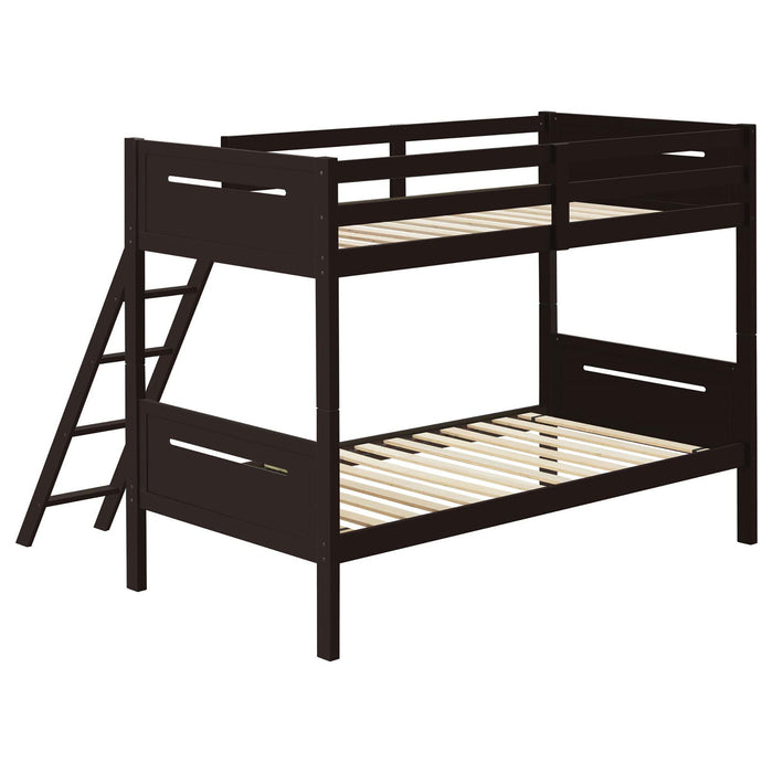 Twin Over Twin Bunk Bed With Angled Ladder And Guardrails - Brown