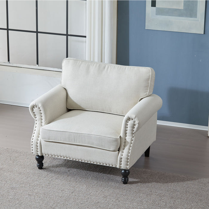 Rolled Arm Sofa With Nailhead Trim, 1 Seater Upholstered Couch With Wooden Legs
