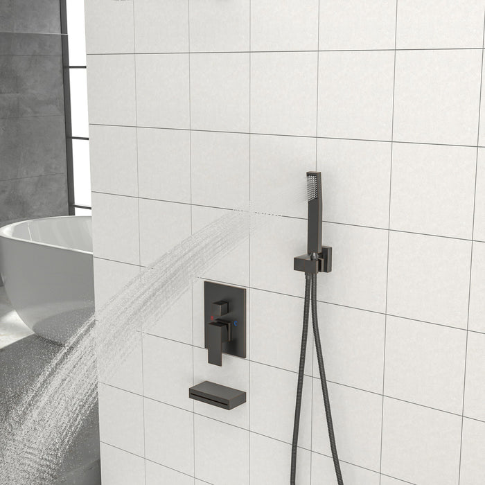 Shower System With Waterfall Tub Spout And 12" Ceiling Mount Square Shower Head - Oil-Rubbed Bronze