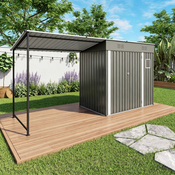 Lean To Shed With Open Sided Pergola, Outdoor Storage Shed & Attached Hardtop Gazebo Combo - Gray