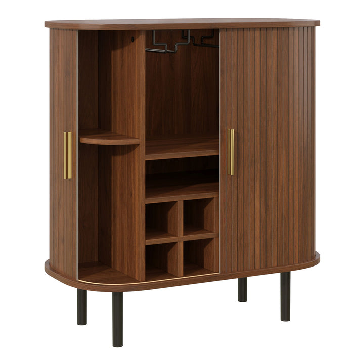 Fluted Wine Bar Cabinet With 8 Grid Wine Rack, 5 Level Adjustable Shelves, 2 Glass Holders
