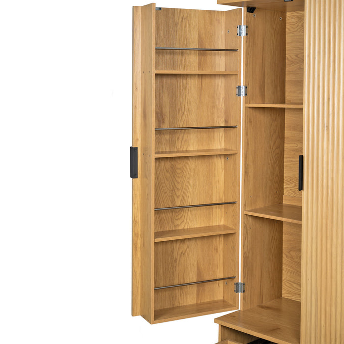 Fluted Kitchen Pantry Cabinet With 2 Large Drawers & 8 Door Spice Rack Freestanding Storage Organizer - Oak
