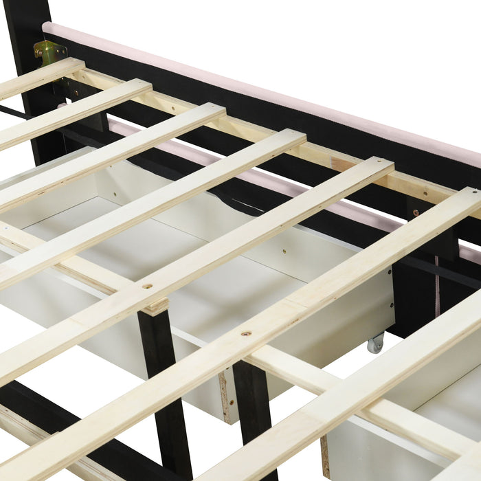 Upholstered Platform Bed With 2 Drawers And 1 Trundle, Classic Strip Headboard Design