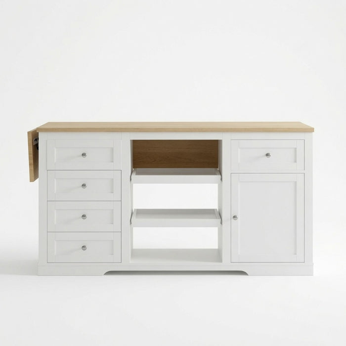 Drop Leaf Kitchen Island With Storage, Power Outlet & Pet Bowl Drawer - White / Light Oak