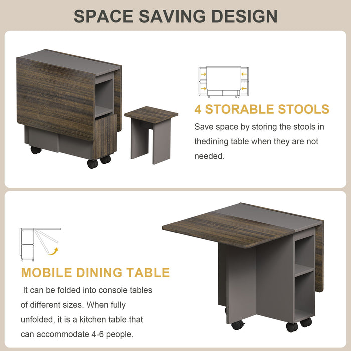 Contemporary 5 Piece Folding Extendable Dining Table Set With Chairs For 4 - Brown