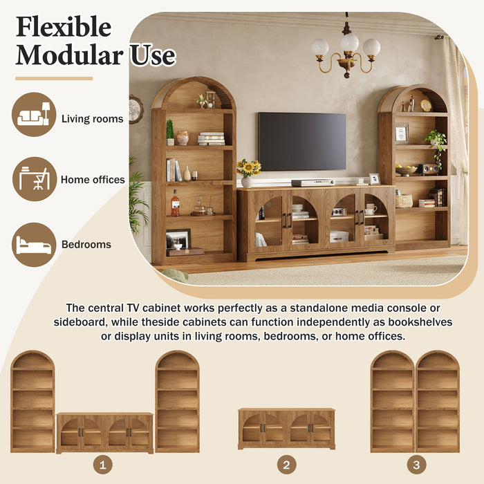 3 Piece TV Stand Set With Bookshelf With Arched Design For Living Room - Brown