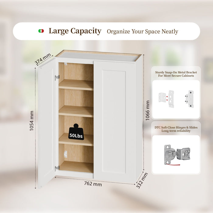Shaker Wall Cabinet With Soft Close Hinges, Adjustable Shelves, Double Door