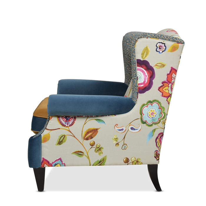 Anya - Boho Chic Wingback Accent Arm Chair - Floral / Leopard / Blue Teal / Yellow Gold