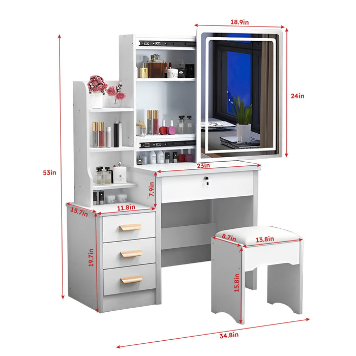 Vanity Desk With Mirror And Lights For Makeup And Chair Set With 3 Adjustable LED Lighting, 4 Drawers - White