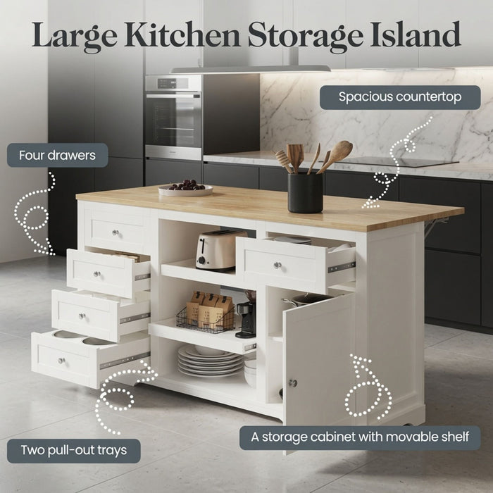 Drop Leaf Kitchen Island With Storage, Power Outlet & Pet Bowl Drawer - White / Light Oak