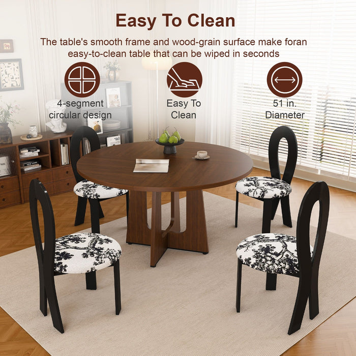 Round Dining Table For 4 With 4 Upholstered Chairs - Walnut / Black