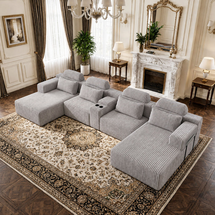 U-Shaped Sectional Sofa With Chaise Lounge And Cup Holders
