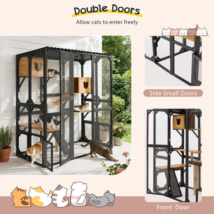 Outdoor Cat Enclosure With Sleeping Houses, Jumping Platforms, Scratching Post