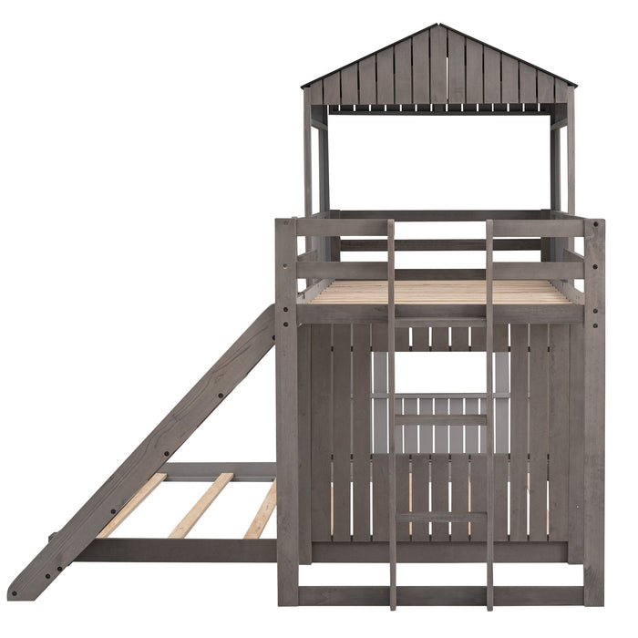 Loft Bunk Bed With Playhouse, Farmhouse, Ladder, Slide And Guardrails
