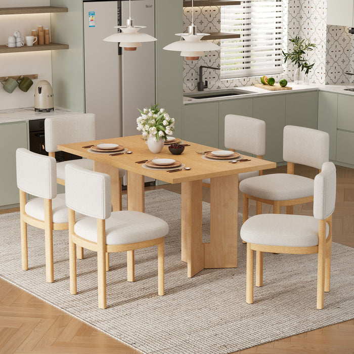 Dining Table Set With 6 Upholstered Chairs, Rectangular Table With Cutout Legs