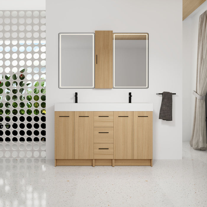 Double Sink Bathroom Vanity Set With Tall Linen Cabinet, 3 Drawers, Extra Large Storage, Integrated Sink, Freestanding Cabinet - Light Oak / White