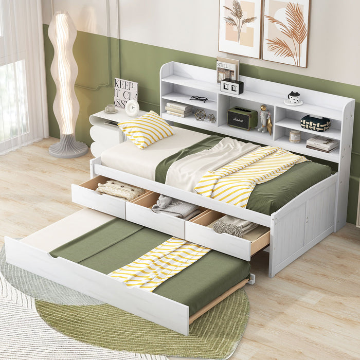 Captain Bed With Built In Bookshelves, 3 Storage Drawers, And Trundle