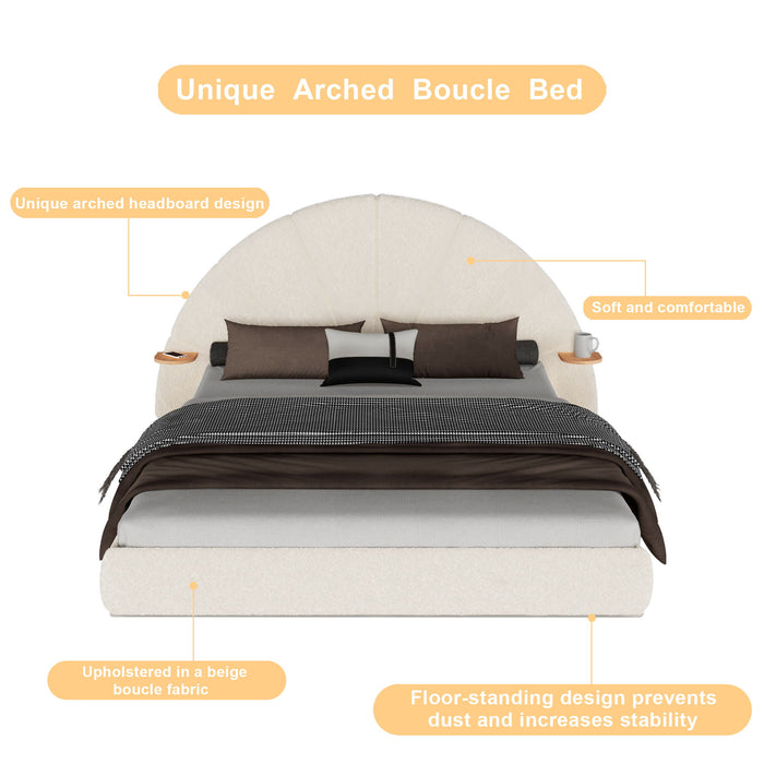 Queen Arched Bed With Small Table, Floor Standing Design - Beige
