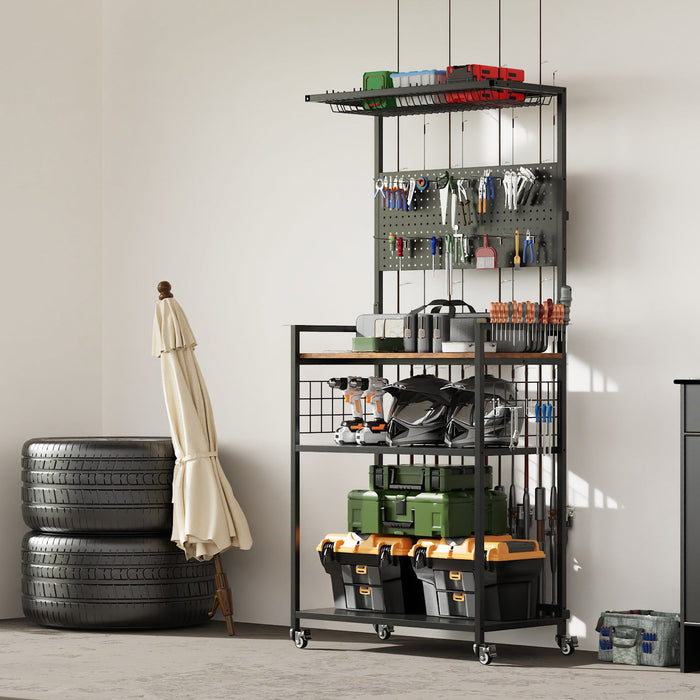 Fishing Rod Storage Rack With Pegboard, Rolling Tackle Organizer Cart - Black