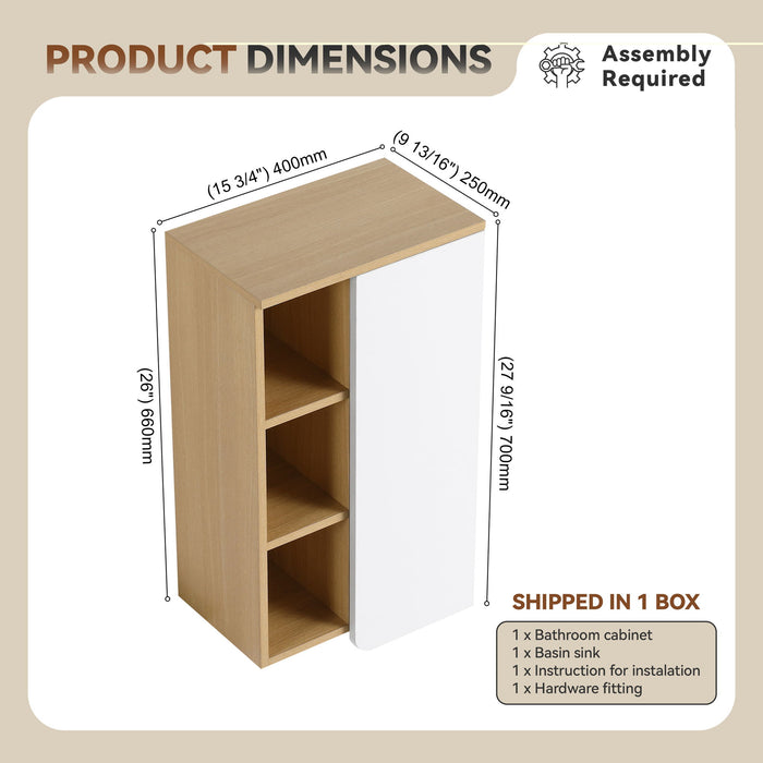 Wall Mounted Bathroom Side Cabinet, Single Door With 3 Tier Open Shelves - Black / Light Oak / White