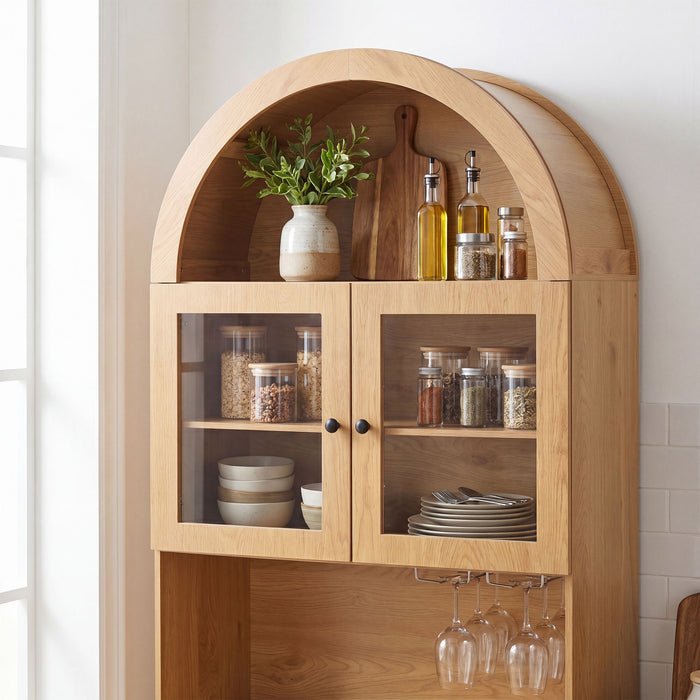 Tall Arched Pantry Cabinet With Charging Station, Adjustable Shelves, Coffee Bar