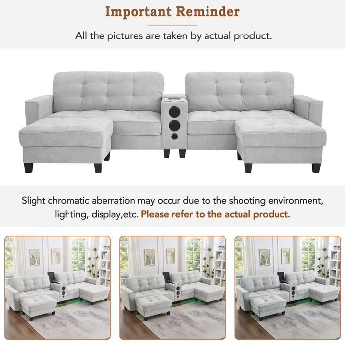 Modern Sectional Sofa U-Shaped With Movable Ottomans, Bluetooth Speakers, LED Lights And Modular Storage