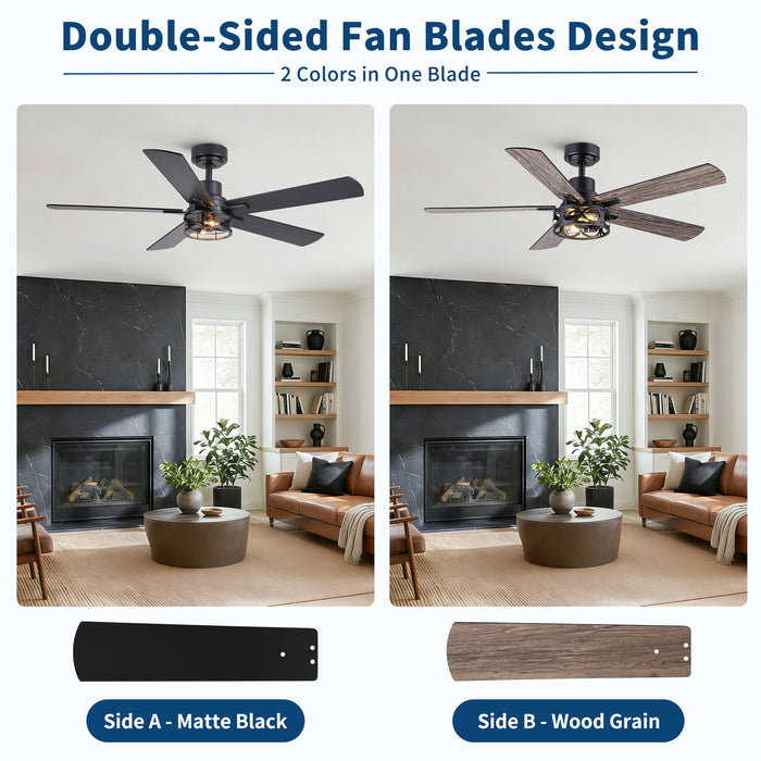 Ceiling Fan With Light, Dual‑Sided Matte Black & Wood Grain Blades - Black