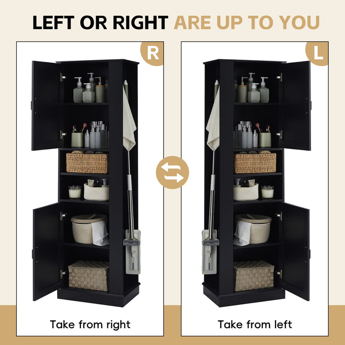 Tall Freestanding Bathroom Storage Cabinet With Adjustable Shelves And Side Hooks Board, Rectangle Design