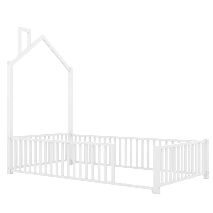 Metal House Platform Bed With Guardrail And Chimney