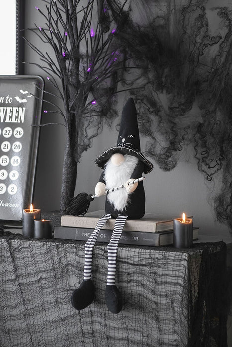 Sitting Gnome With Broomstick & Long Legs, For Halloween Decor - Black White
