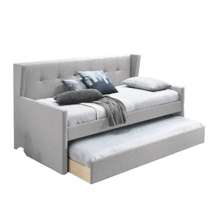 Daybed With Slat Trundle, Button Tufted - Light Gray