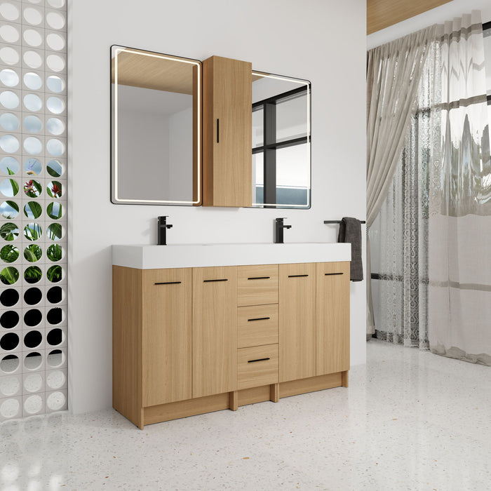 Double Sink Bathroom Vanity Set With Tall Linen Cabinet, 3 Drawers, Extra Large Storage, Integrated Sink, Freestanding Cabinet - Light Oak / White