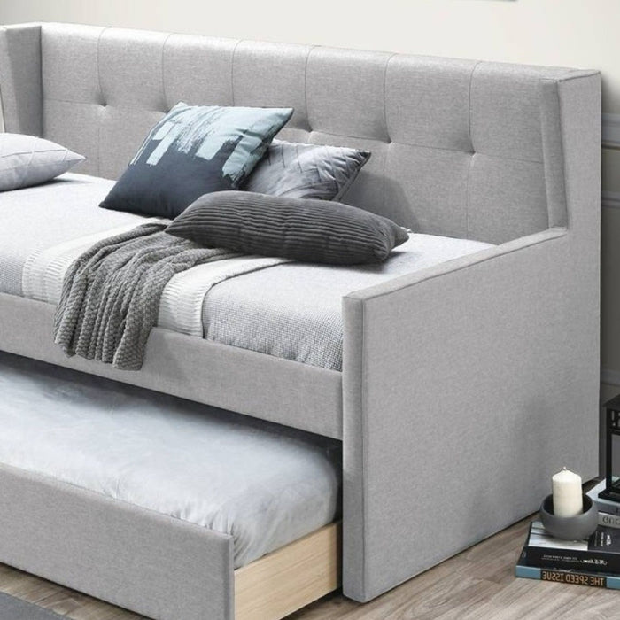 Daybed With Slat Trundle, Button Tufted - Light Gray