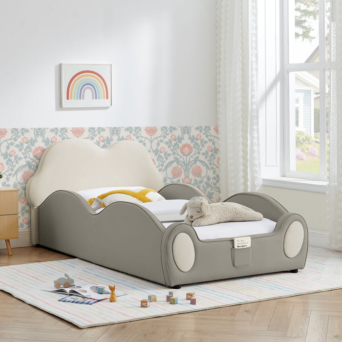 Cute Cloud Shape Bed With Guardrails Cartoon Design, Storage Pocket