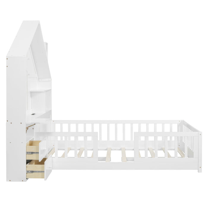 Full Size House Bed With Window And Bedside Drawers, Platform Bed With Shelves And A Set Of Sockets And USB Port - White