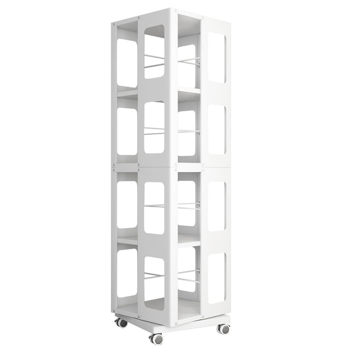 4 Tier All Steel Rotating Bookshelf With 360° Wheels, Large Size Sturdy & Spacious Book Rack, New Style Bookshelf - White