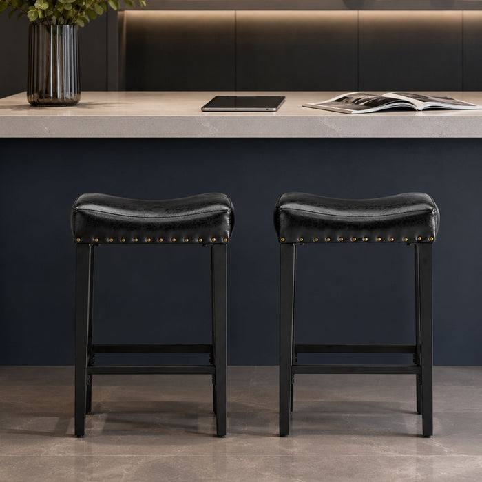 Bar Stool With Brass Nailhead Trim (Set of 2) - Black