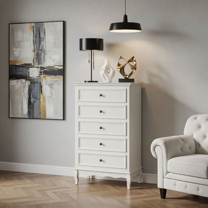 5 Drawer Tall Wide Chest Of Drawers - White