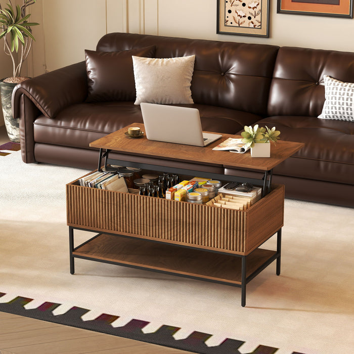 Rectangle Lift Top Coffee Table With Hidden Storage And Lower Shelf - Brown